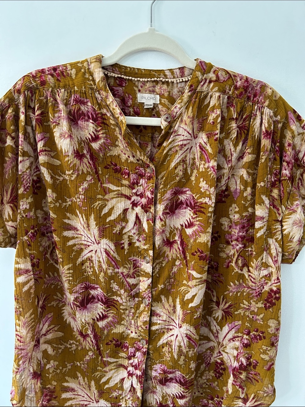 Pilcro Short Sleeved Batwing Button Blouse Mustard Pink Tropical Print Oversized - Picture 2 of 15